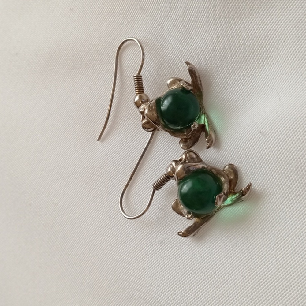 Vintage silver and green gem Frog earrings